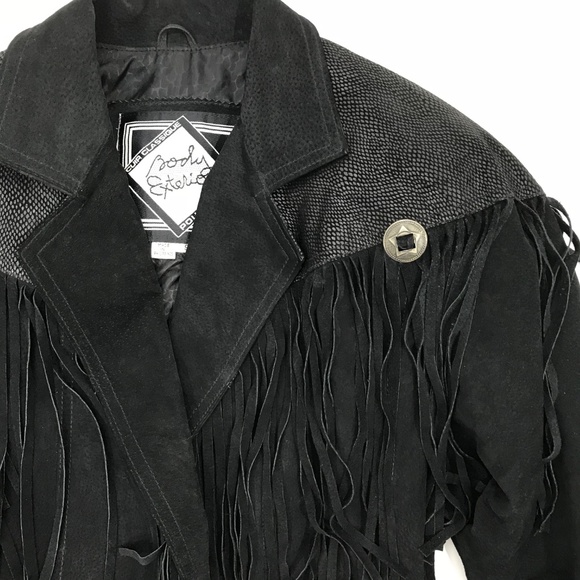 Vintage Suede Fringe 80s Black Leather Cropped Jacket - Picture 3 of 7